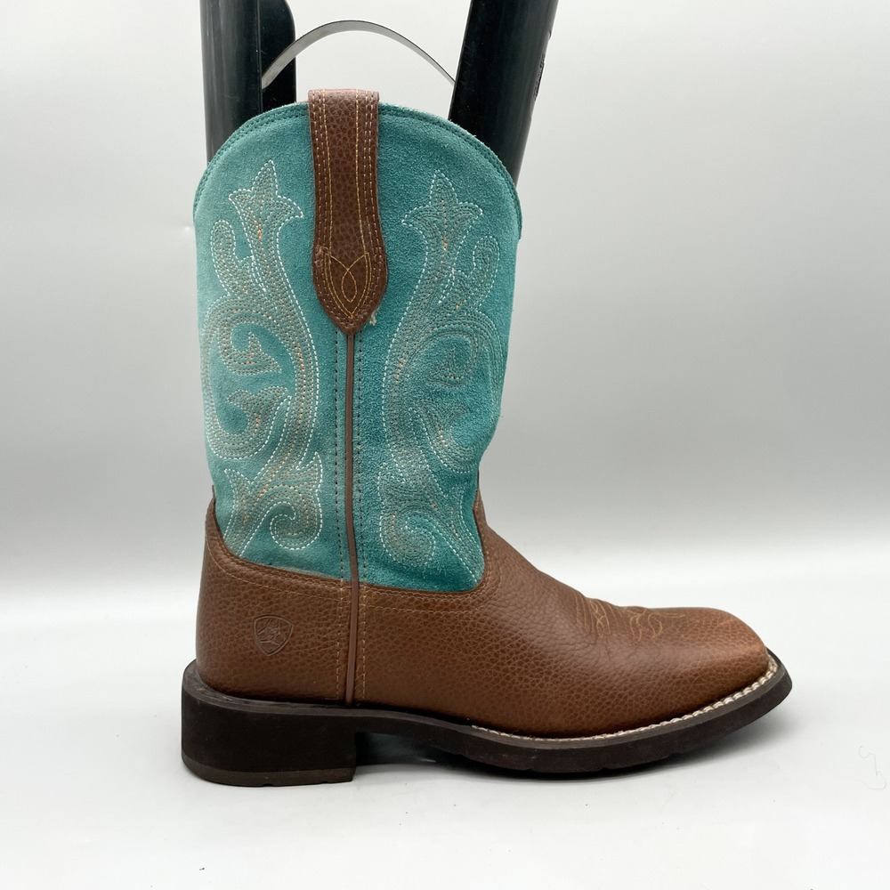 Ariat Womens 8 B Western Cowgirl Boots Turquoise Brown Leather Square Toe Rustic